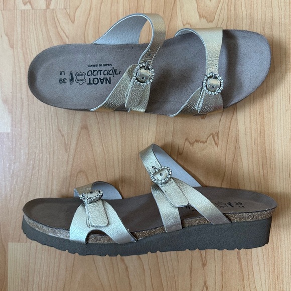 Naot Kate Slide Sandal in Radiant Gold with Rhinestone Buckles / Size 39 (US 8) - Picture 3 of 8